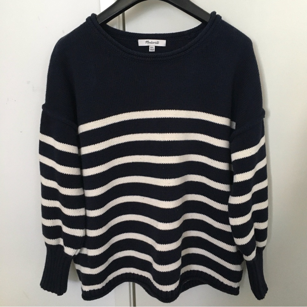 Madewell Conway Pullover Sweater Stripe Navy Cotton *like j crew rollneck Sezane